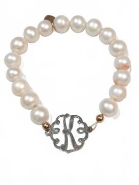Jane Basch 925 Silver Pearl Stretch Bracelet  2.5" Womens Monogrammed letter "K"